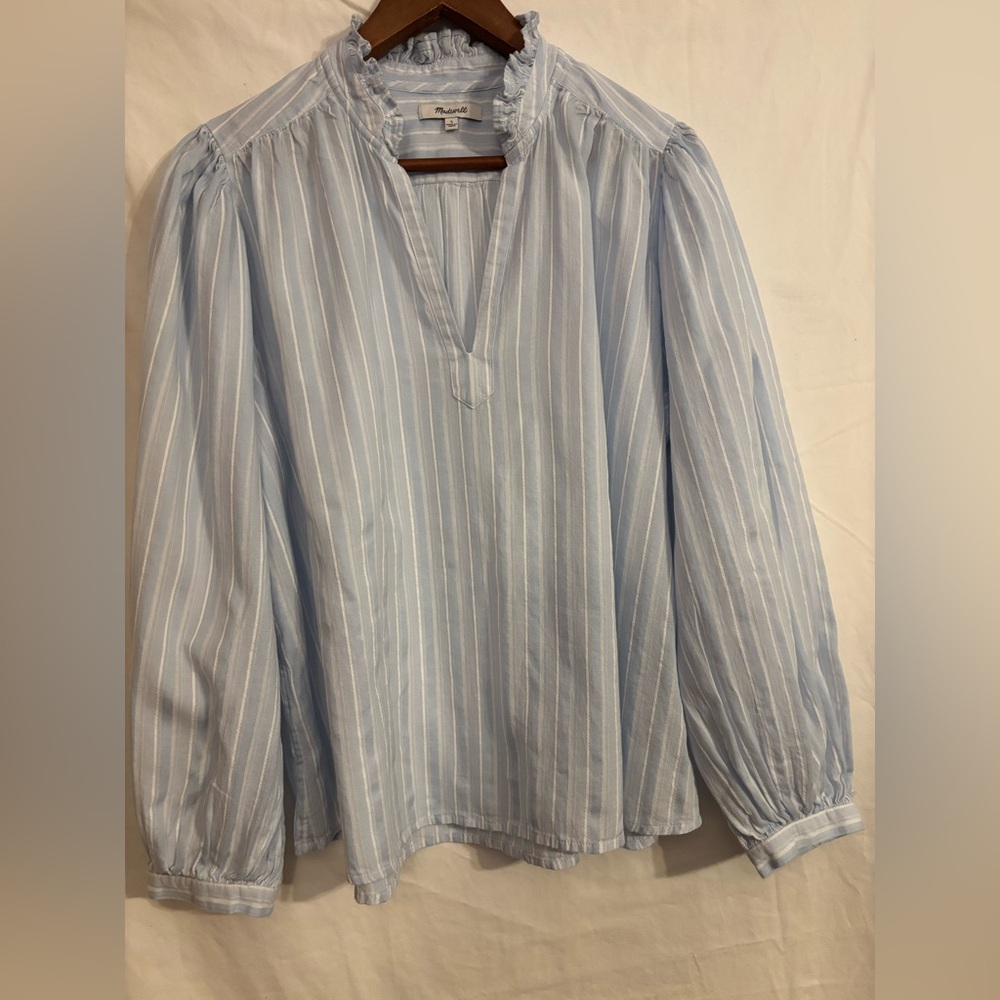 Madewell blue, white and metallic striped blouse with ruffled stand-up collar.